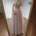 Luxury Nude Chiffon Beaded Evening Dress with Cape LA73144