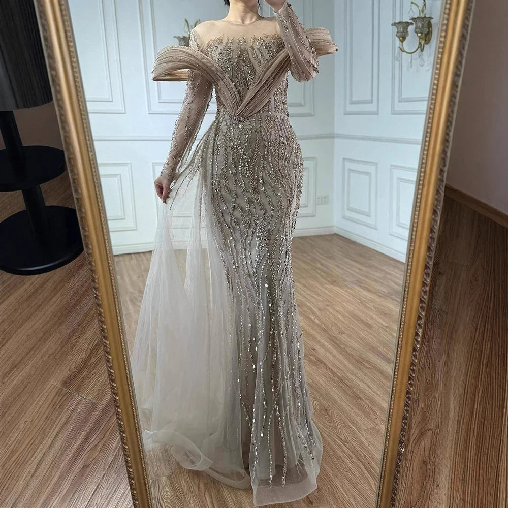 Arabic Luxury Elegant Sage Green Beaded Long Sleeves Evening Dress CLA72928