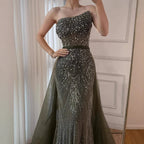 Luxury Olive Green Beaded Mermaid Evening Dress With Overskirt CLA73164A