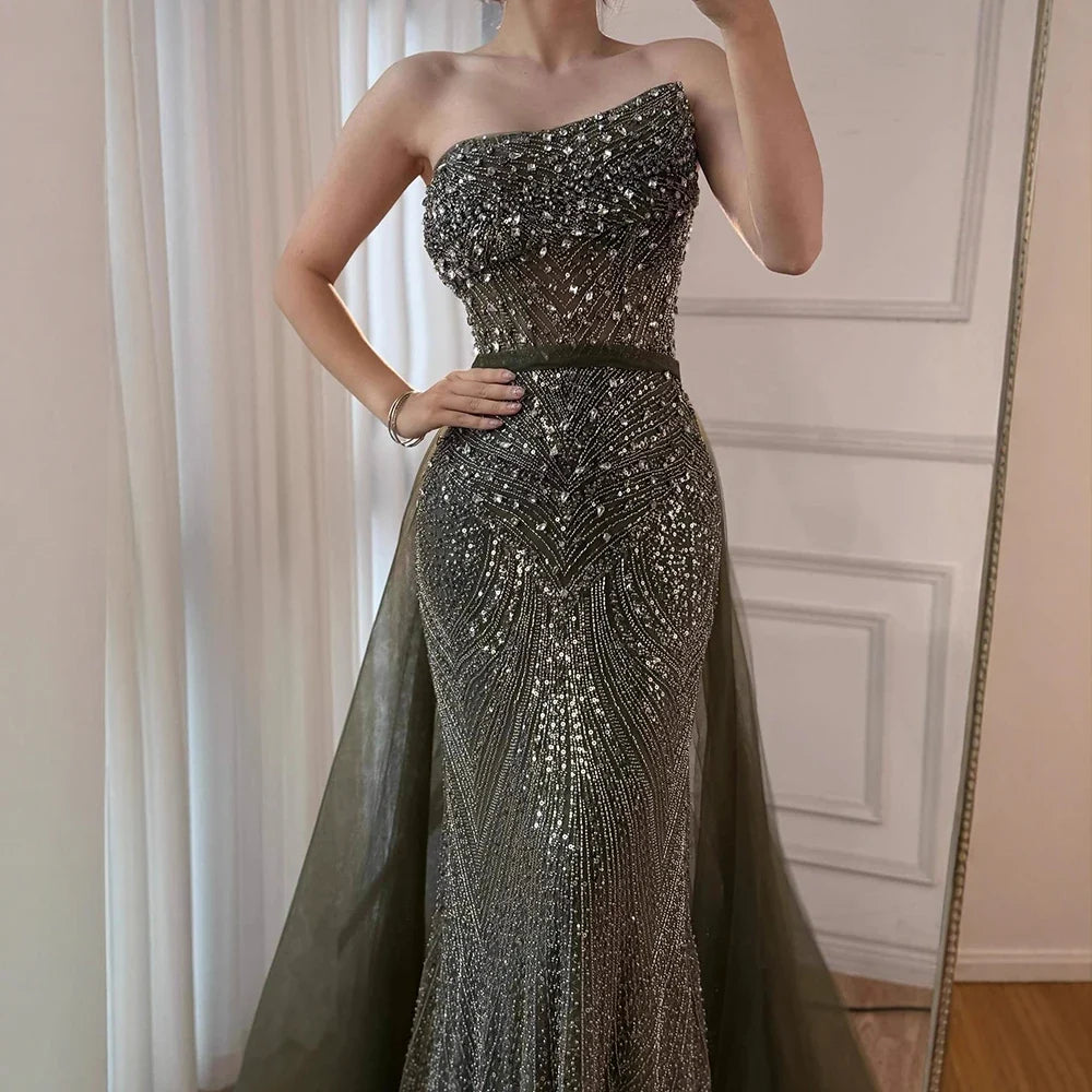Luxury Olive Green Beaded Mermaid Evening Dress With Overskirt CLA73164A