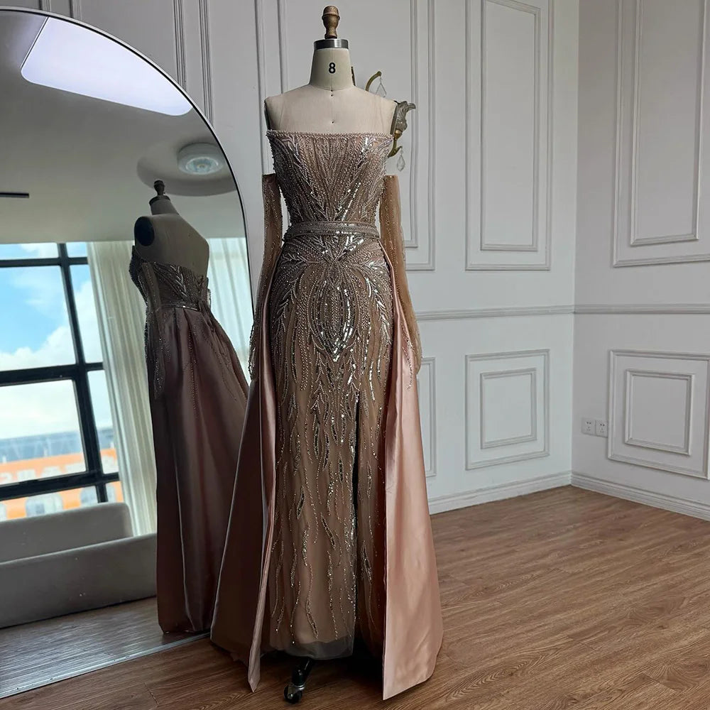 Luxury Burgundy Beaded Overskirt Evening Dress Gown With Gloves CLA72935