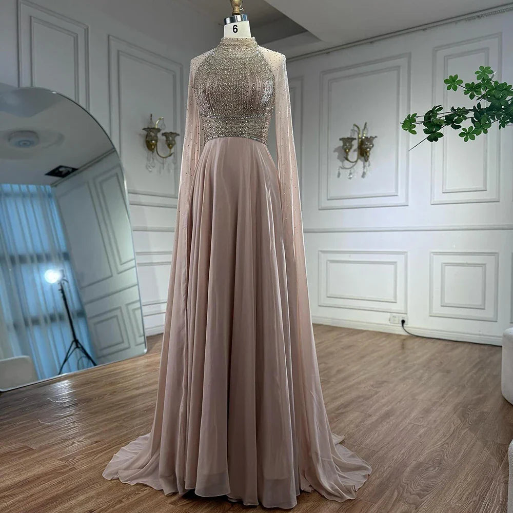Luxury Nude Chiffon Beaded Evening Dress with Cape LA73144