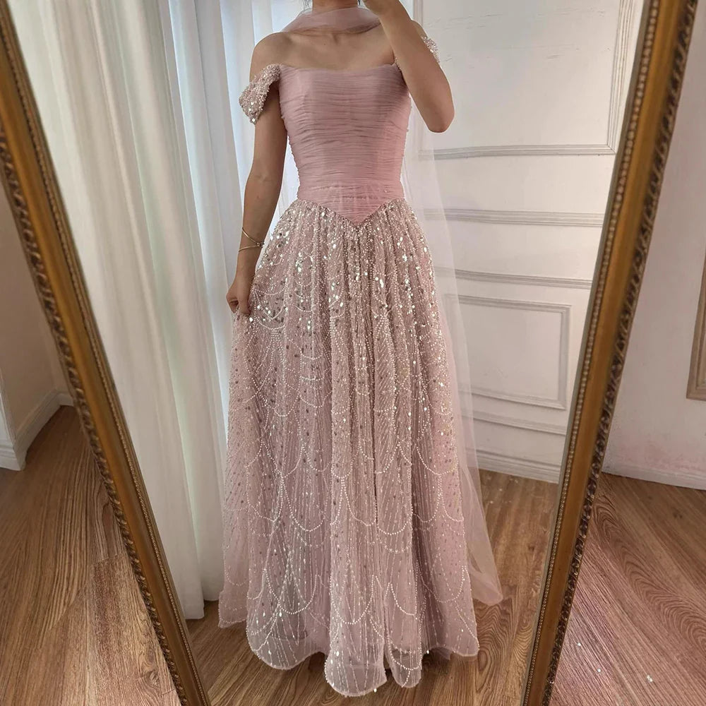 Simple Arabic Pink Pearls Beaded Evening Dress With Shawl CLA72922