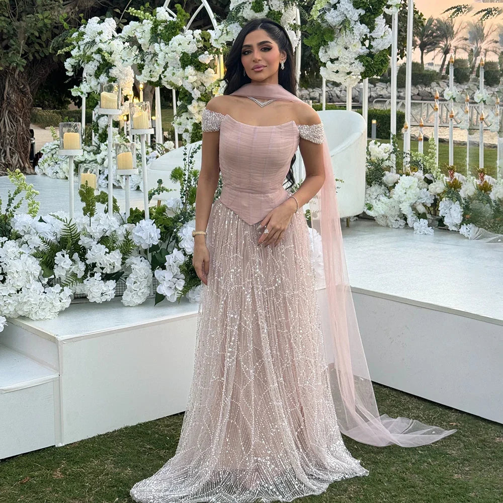 Simple Arabic Pink Pearls Beaded Evening Dress With Shawl CLA72922