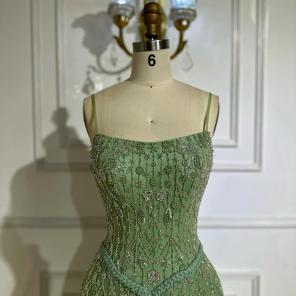Luxury Sage Green Beaded A-Line Spaghetti Straps Evening Dress CLA72805