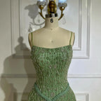 Luxury Sage Green Beaded A-Line Spaghetti Straps Evening Dress CLA72805