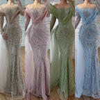 Arabic Luxury Elegant Sage Green Beaded Long Sleeves Evening Dress CLA72928