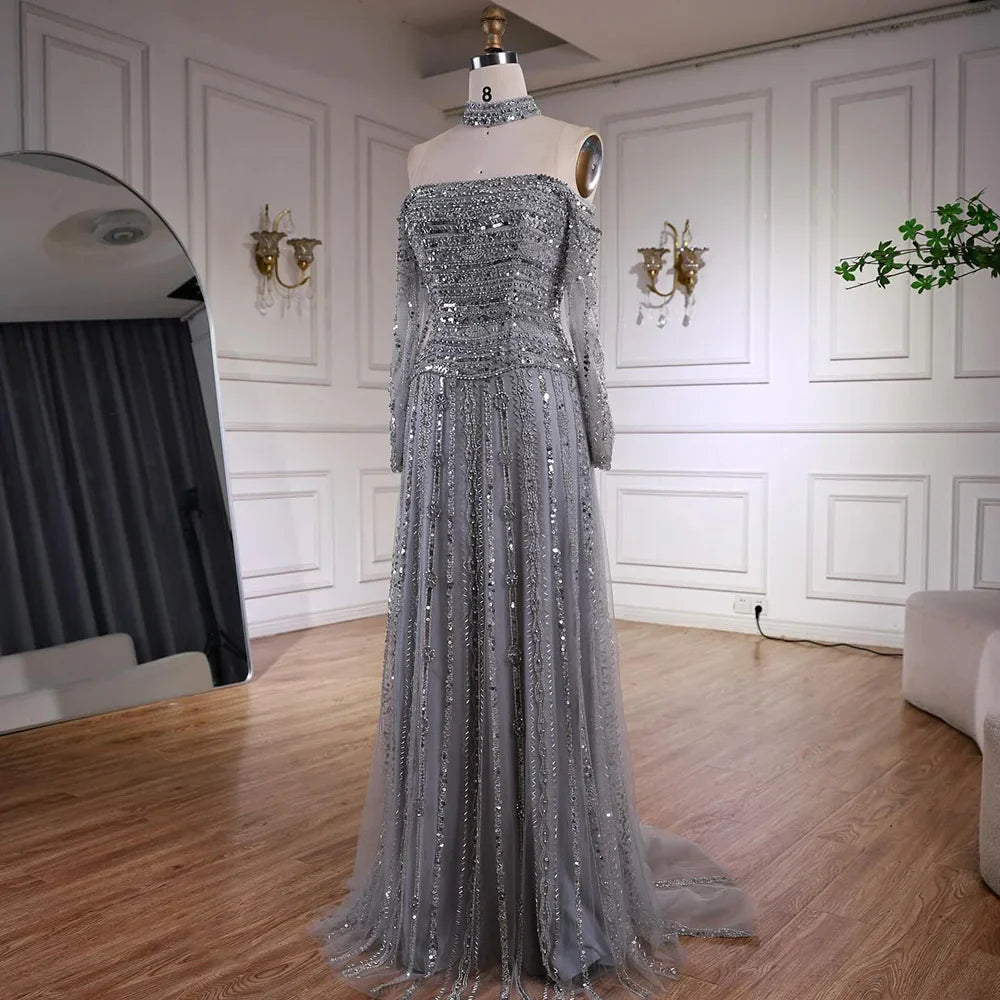 Luxury Caramel Off Shoulder Beaded Mermaid Evening Dress Long Sleeves CLA73053
