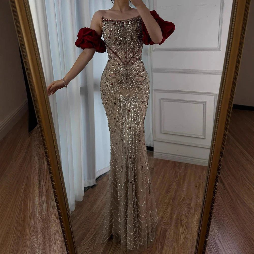 Luxury Beaded Evening Dress Puff Sleeves Pearl Adorned CLA72903
