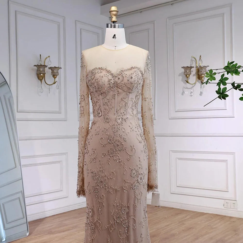 Arabic Lace Simple Style Long Sleeves Modest Mermaid Evening Dress CLA72545