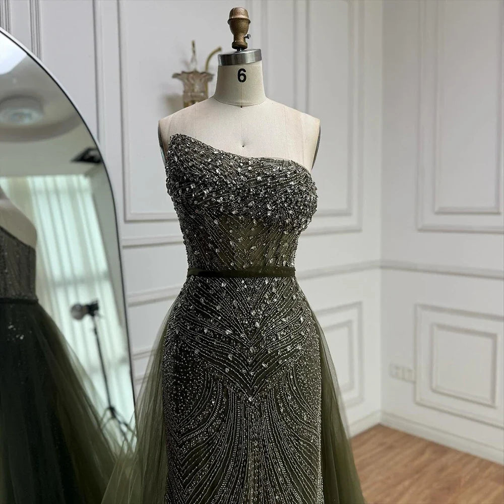 Luxury Olive Green Beaded Mermaid Evening Dress With Overskirt CLA73164A