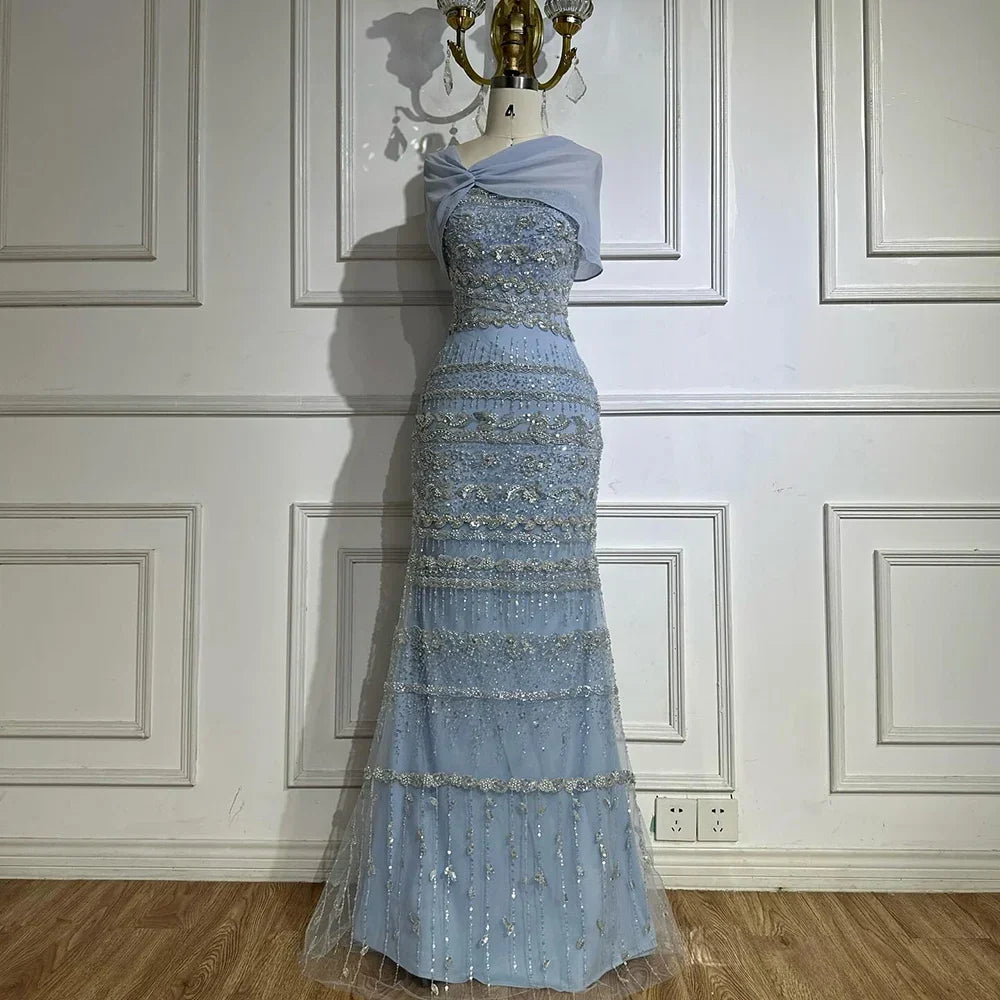 Arabic Sage Green Simple Beaded Mermaid Evening Dress With Chiffon Cape CLA72126B
