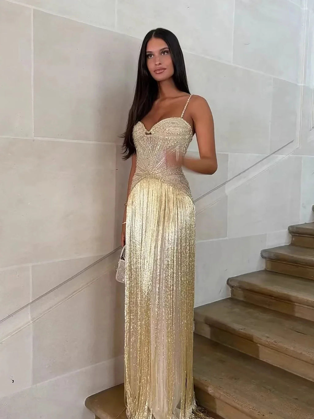 Arabic Luxury Beaded Tassels Mermaid Evening Dress Spaghetti Straps Women Party Gown CLA73446