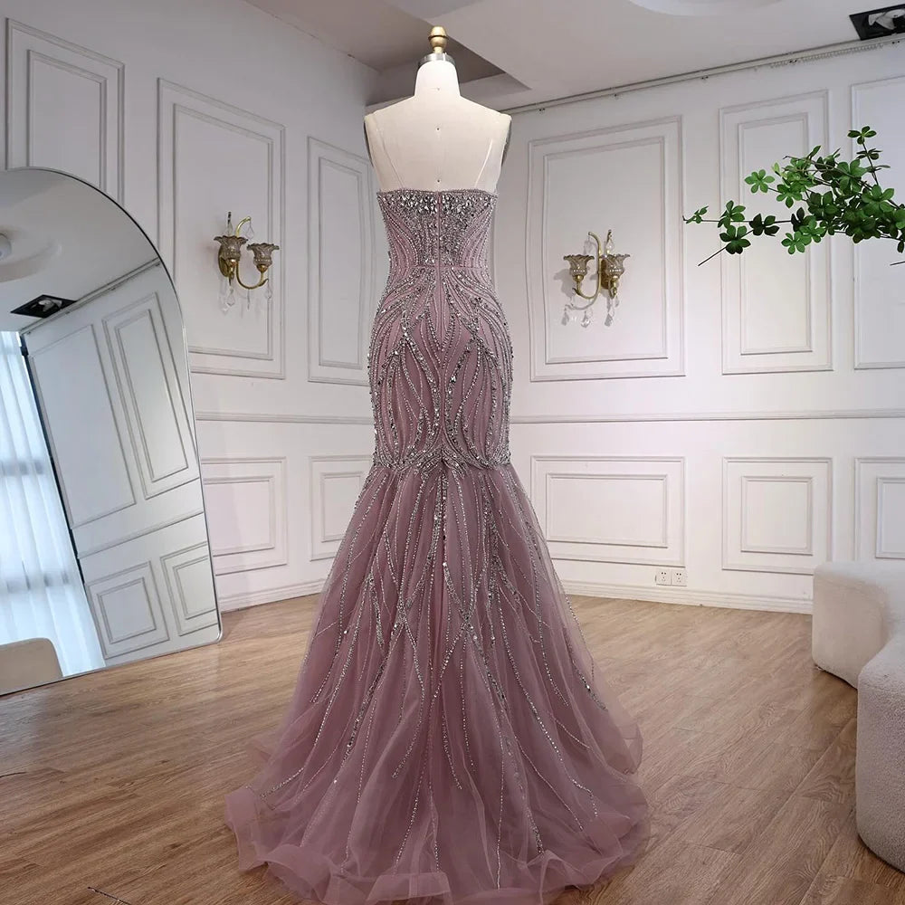 Arabic Luxury Beaded Mermaid Strapless Evening Dress CLA73124