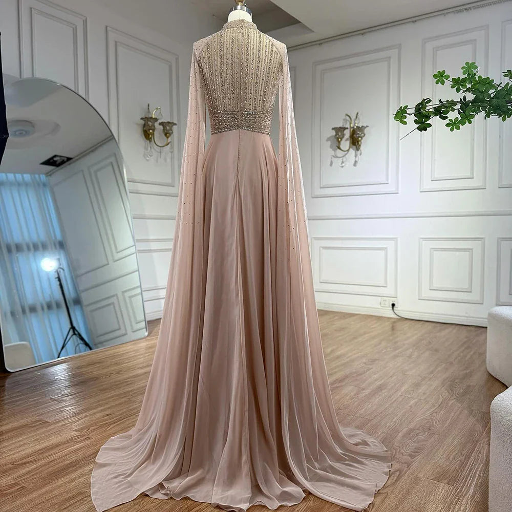 Luxury Nude Chiffon Beaded Evening Dress with Cape LA73144