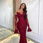 Luxury Burgundy Lace Beaded Mermaid Evening Dress CLA73341