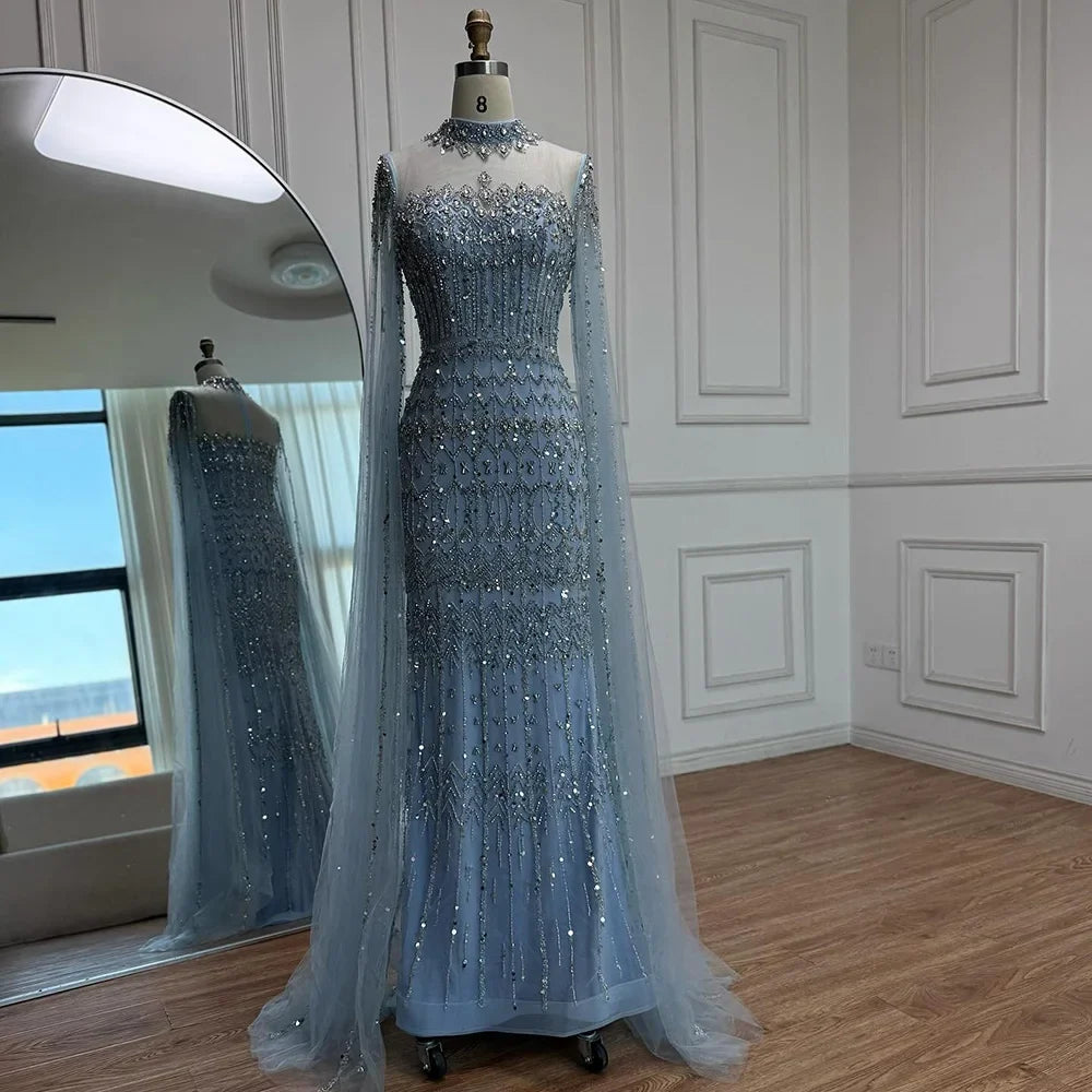 Arabic Luxury Beaded Mermaid Evening Dress Modest High Neck Cape Sleeves CLA72714A