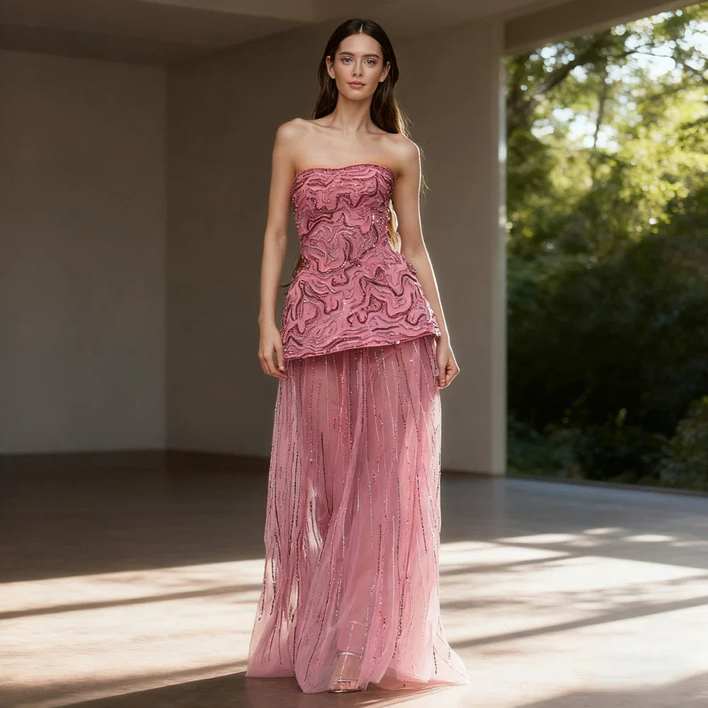 Luxury Pink Two Piece Beaded Evening Gown CLA73207