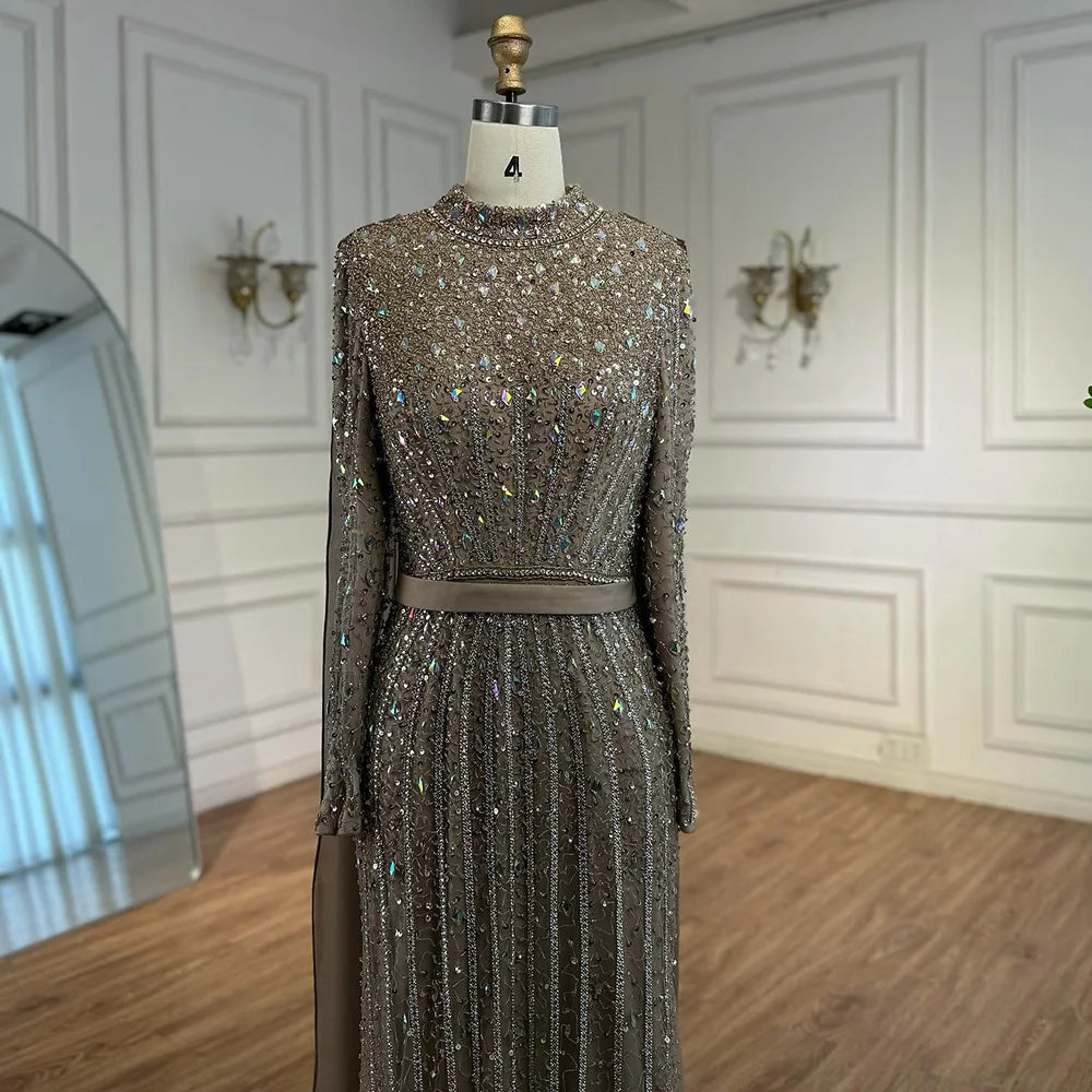 Modest Luxury Caramel Beaded Long Sleeve Evening Dress CLA72569A