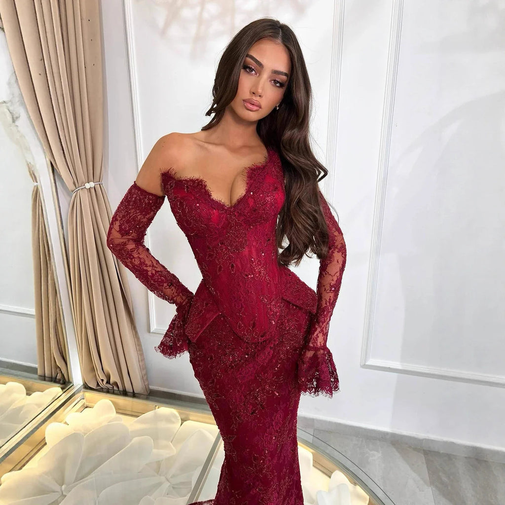 Luxury Burgundy Lace Beaded Mermaid Evening Dress CLA73341