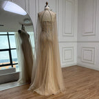 Luxury Turquoise Beaded Cape Sleeve Saudi Arabic Evening Dress LA73136A