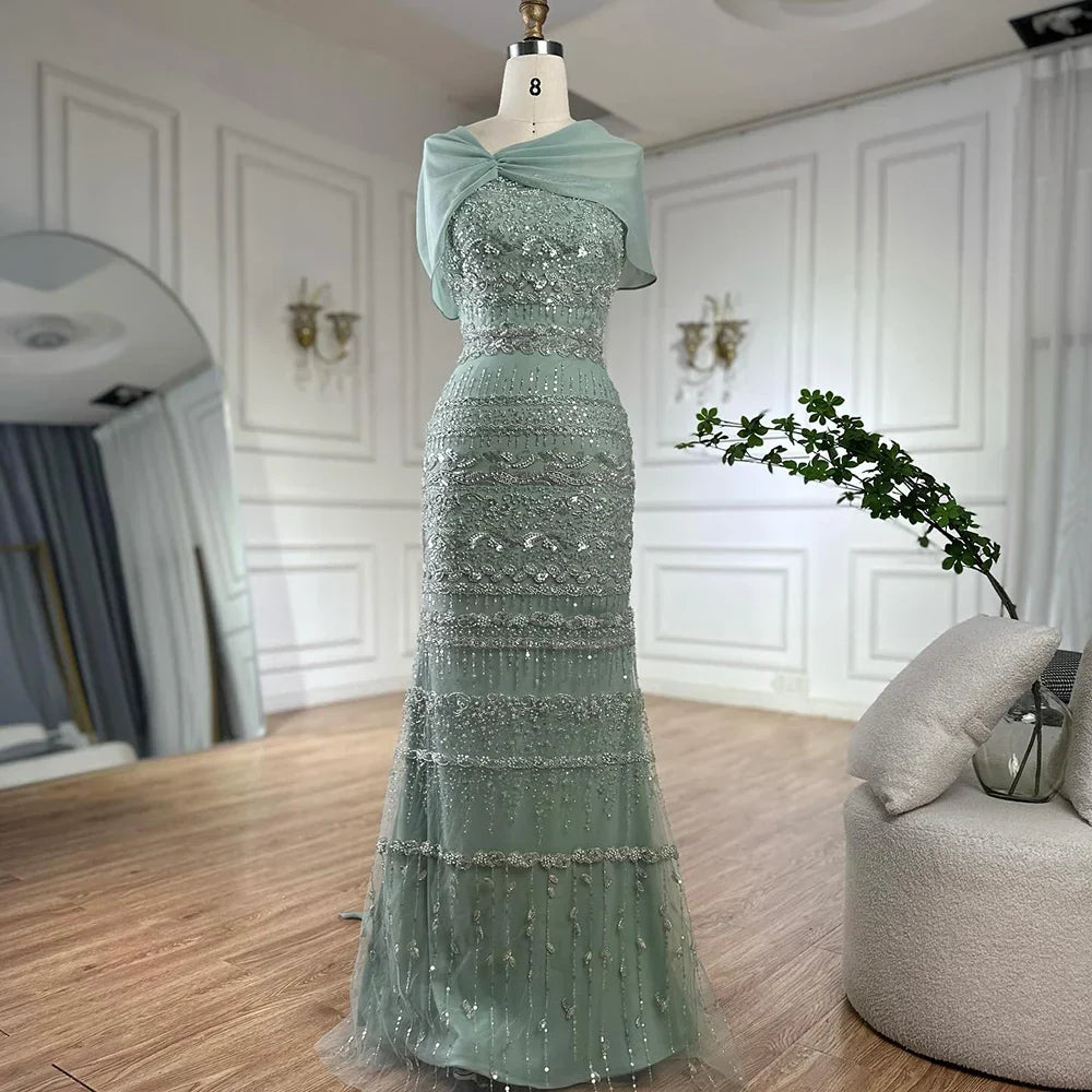 Arabic Sage Green Simple Beaded Mermaid Evening Dress With Chiffon Cape CLA72126B