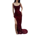 Luxury Evening Dress Burgundy Beaded High Slit Draped Mermaid Gown CLA73390