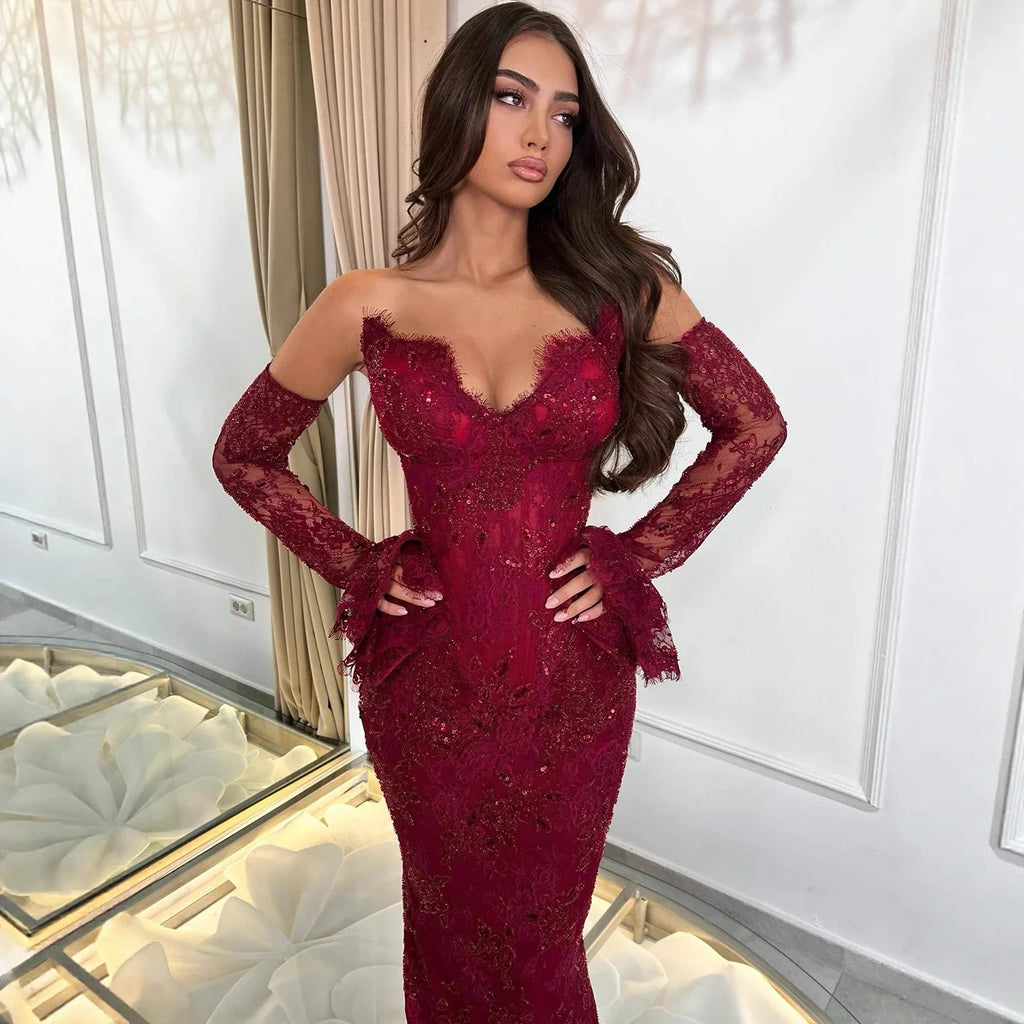 Luxury Burgundy Lace Beaded Mermaid Evening Dress CLA73341