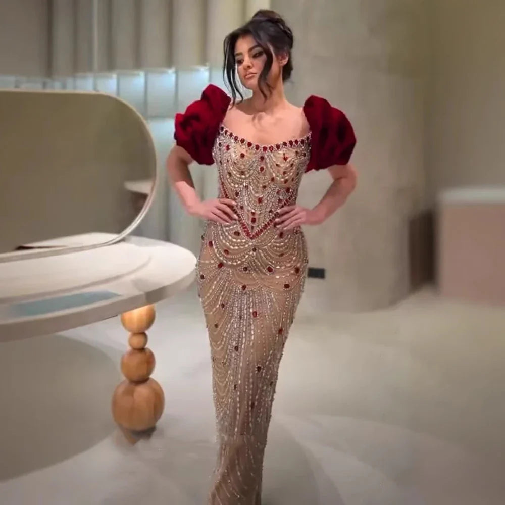 Luxury Beaded Evening Dress Puff Sleeves Pearl Adorned CLA72903