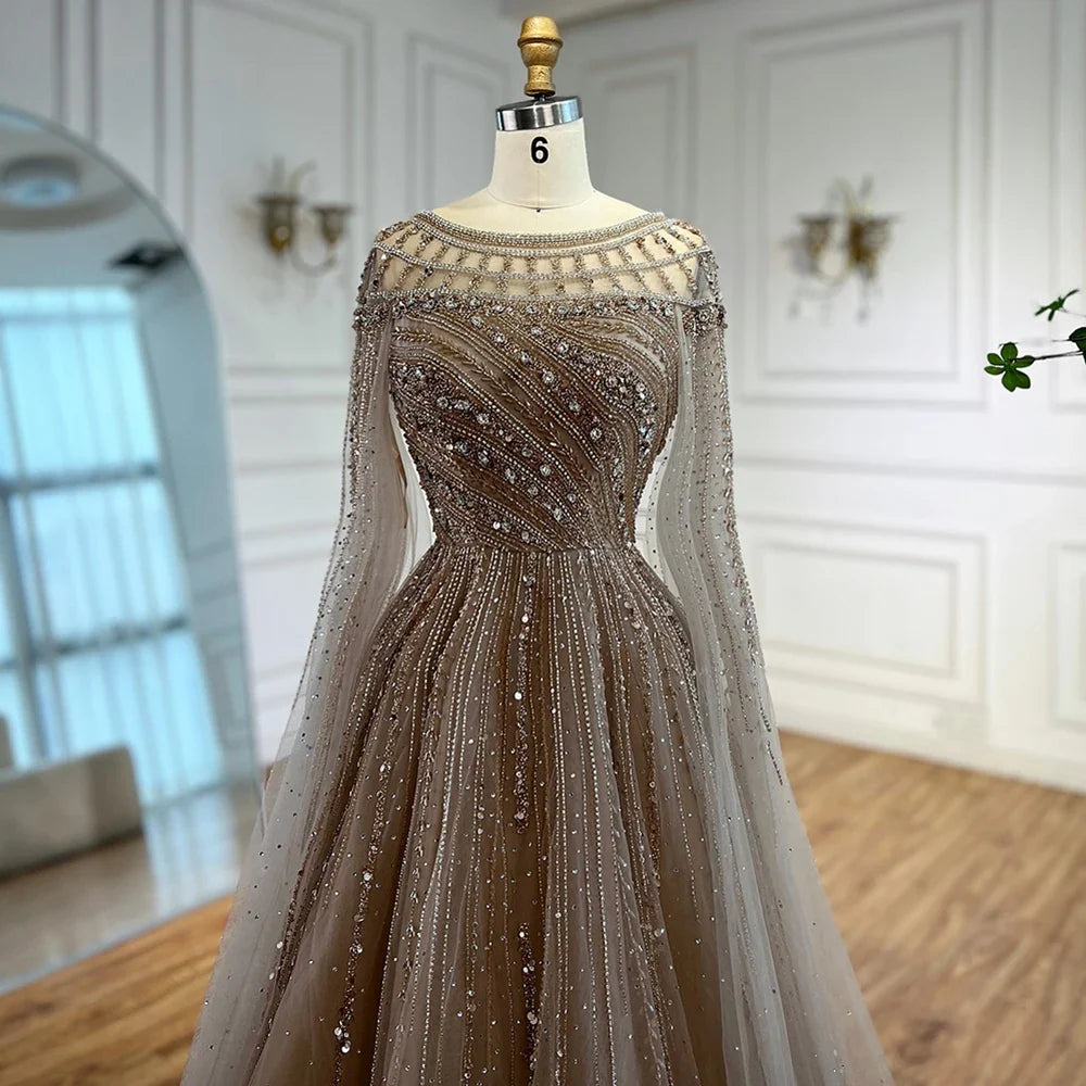 Luxury Beaded A-Line Cape Sleeves Round Neck Modest Evening Dress CLA72994