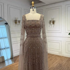 Luxury Arabic Caramel Beaded Evening Dress With Cape Sleeves CLA72966A