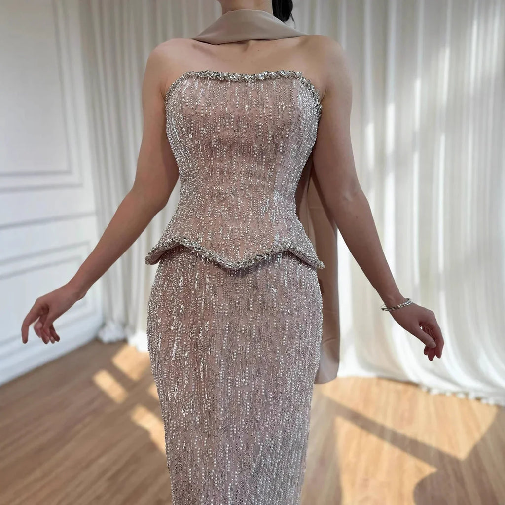 Luxury Nude Beaded Mermaid Evening Dress Strapless With Shawl CLA73076A
