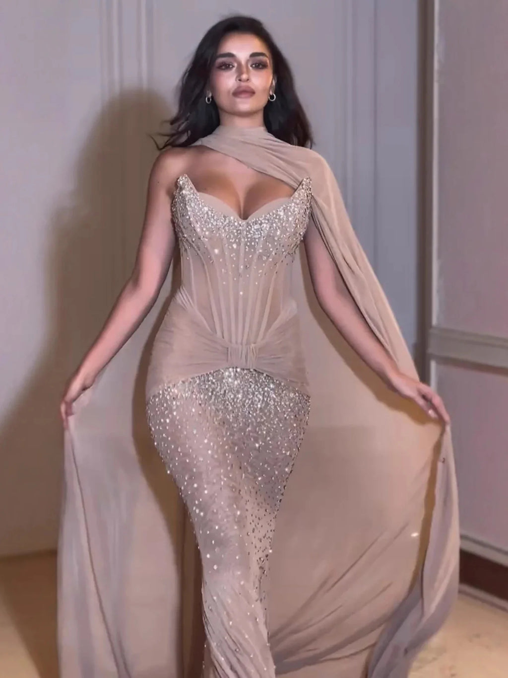 Luxury Arabic Nude Beaded Strapless With Cape Corset Evening Dress CLA73343