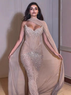 Luxury Arabic Nude Beaded Strapless With Cape Corset Evening Dress CLA73343