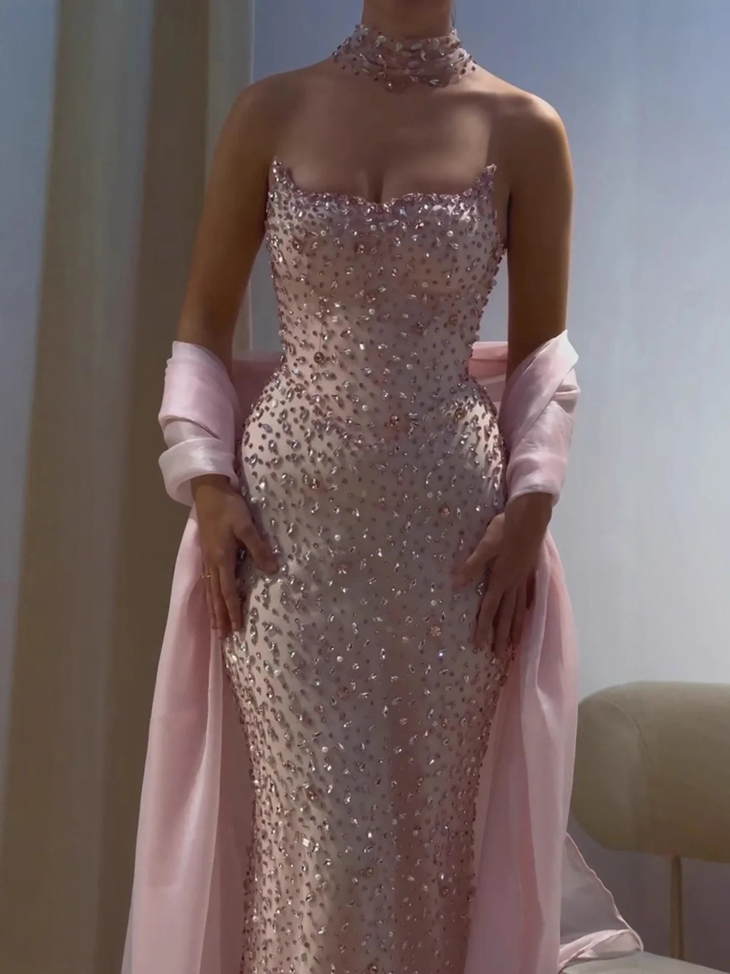 Lebanon Luxury Pink Diamond Evening Dress With Shawl For Women Wedding Party CLA73225
