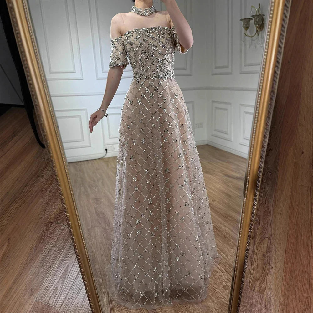 Luxury Nude Sliver Off Shoulder Beaded Crystal A-Line Evening Dress CLA73122