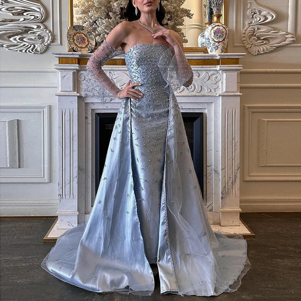 Dubai Luxury Blue Beaded Pearls Evening Gown with Overskirt CLA72705