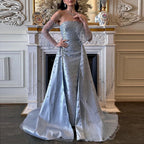 Dubai Luxury Blue Beaded Pearls Evening Gown with Overskirt CLA72705
