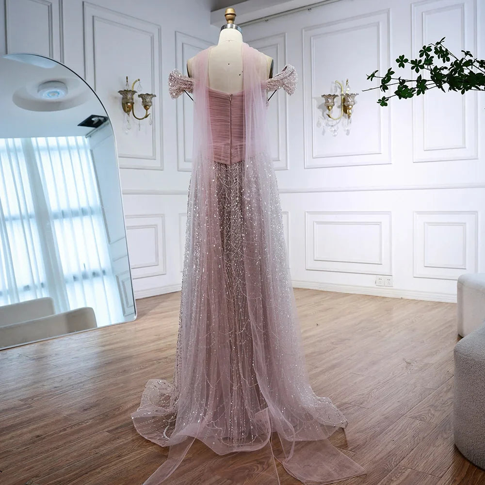 Simple Arabic Pink Pearls Beaded Evening Dress With Shawl CLA72922