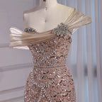 Luxury Nude Beaded Off Shoulder Mermaid Evening Dress CLA73365A