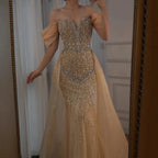Luxury Nude Beaded Mermaid Evening Dress With Overskirt LA72879
