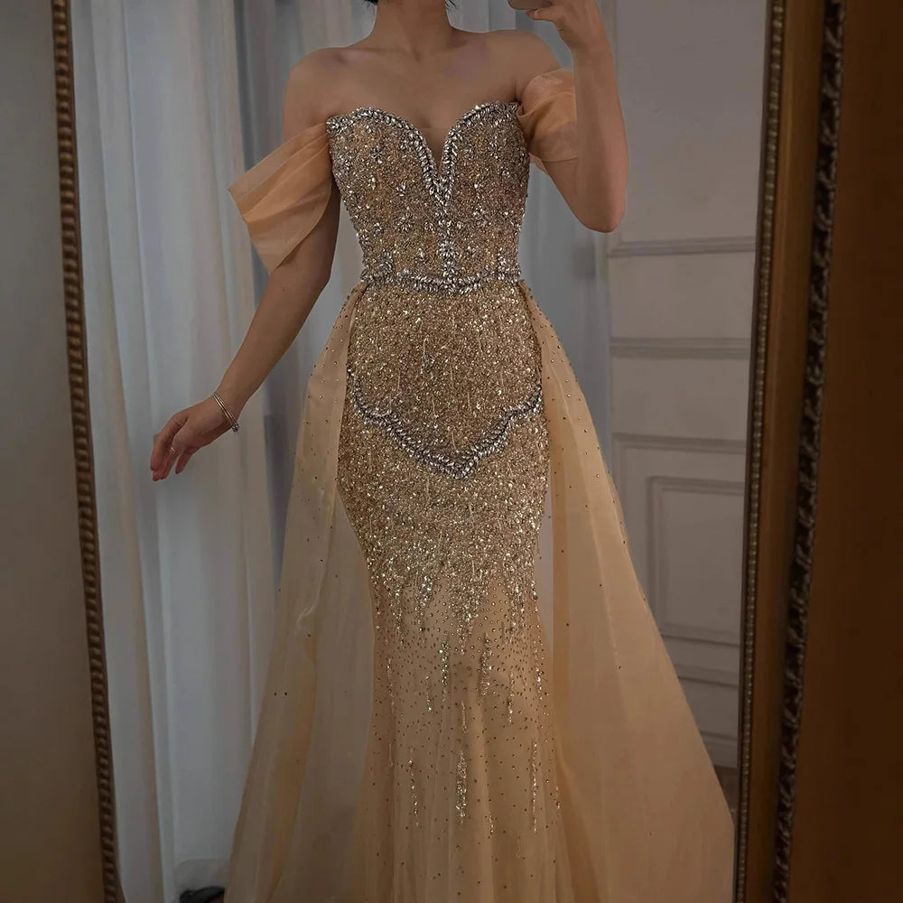 Luxury Nude Beaded Mermaid Evening Dress With Overskirt LA72879