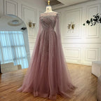 Luxury Beaded A-Line Cape Sleeves Round Neck Modest Evening Dress CLA72994