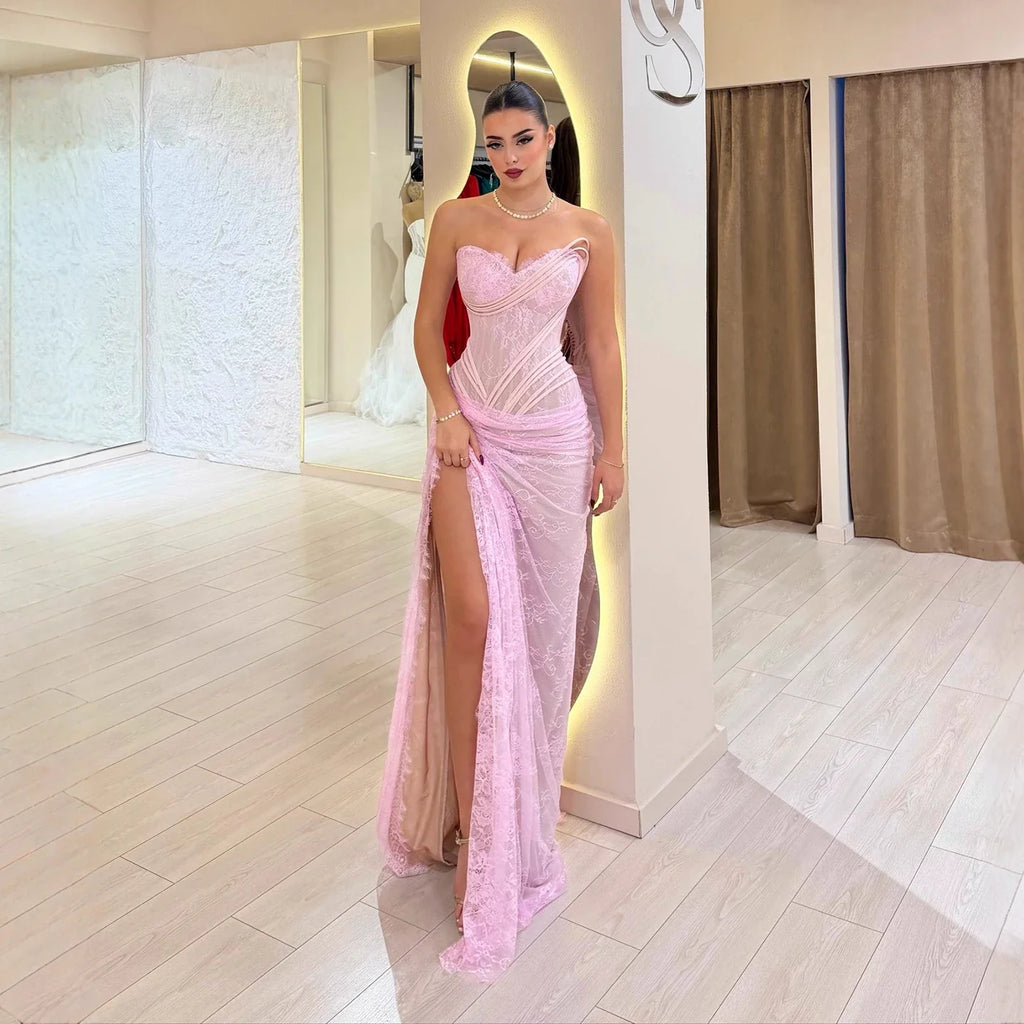 Luxury Pink Saudi Arabic Lace Embroidery Evening Dress CLA73373