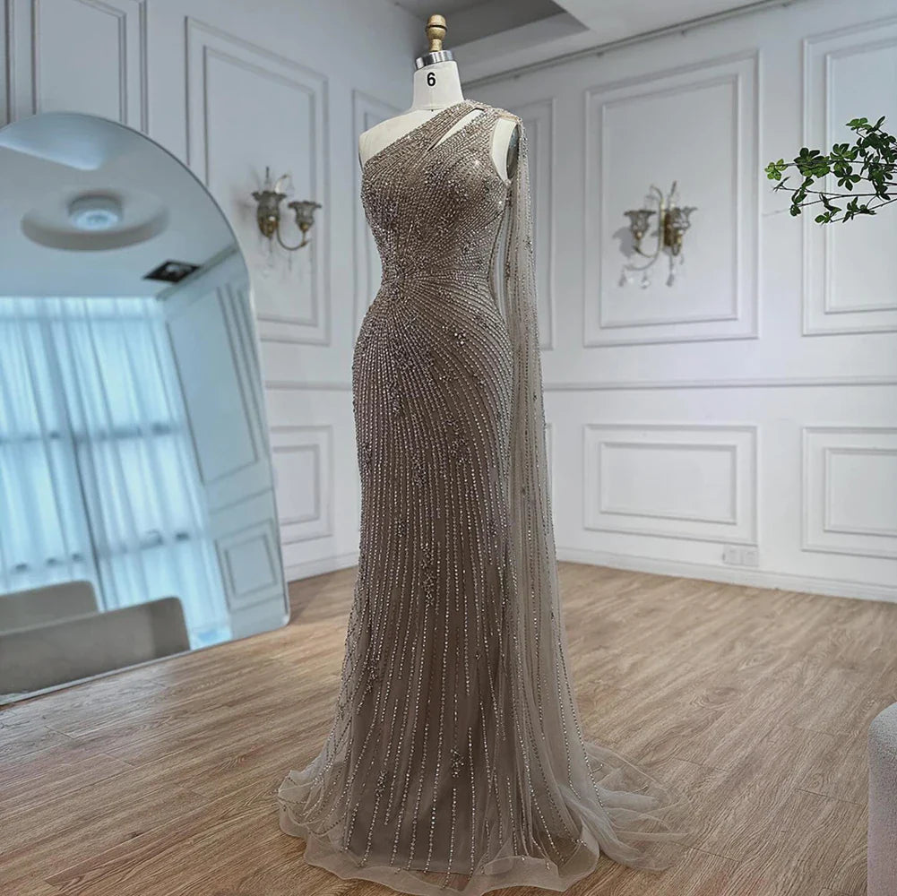 Luxury Black One Shoulder Mermaid Evening Dress with High Slit CLA72829