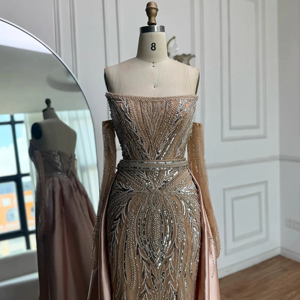 Luxury Burgundy Beaded Overskirt Evening Dress Gown With Gloves CLA72935