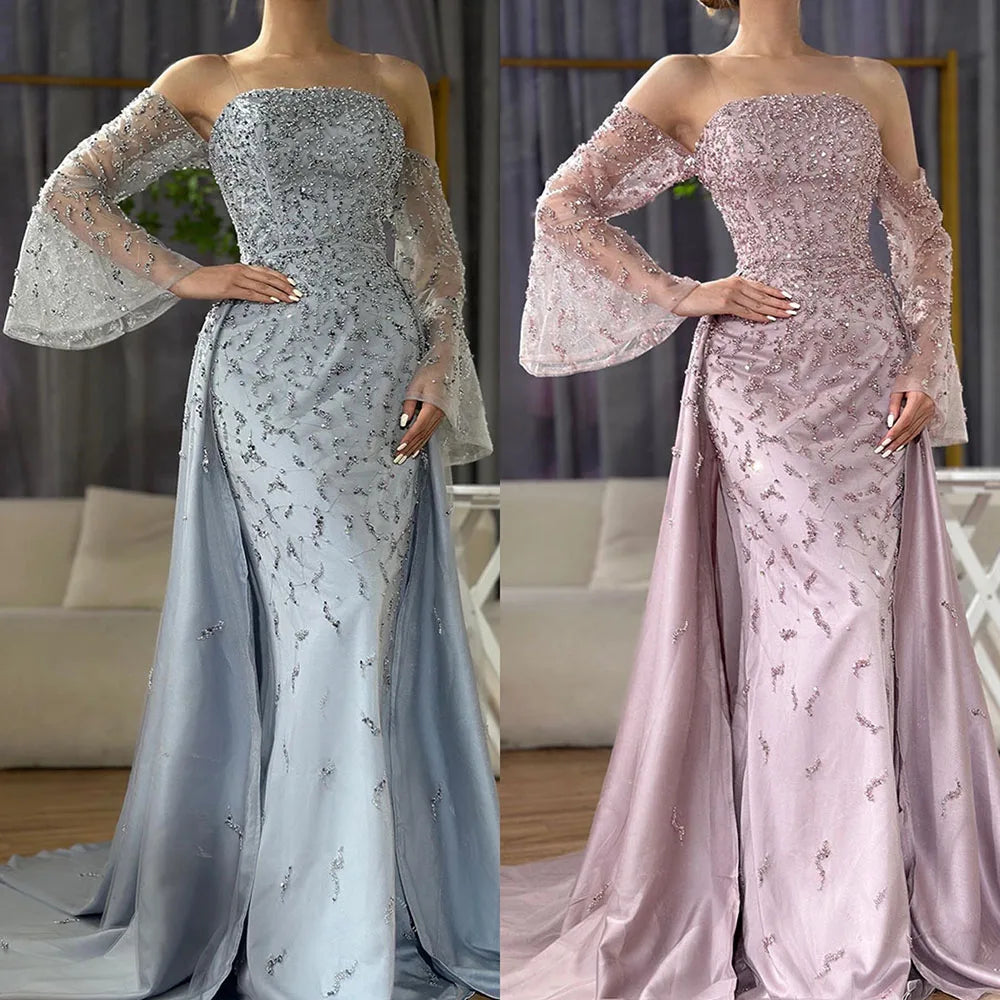 Dubai Luxury Blue Beaded Pearls Evening Gown with Overskirt CLA72705