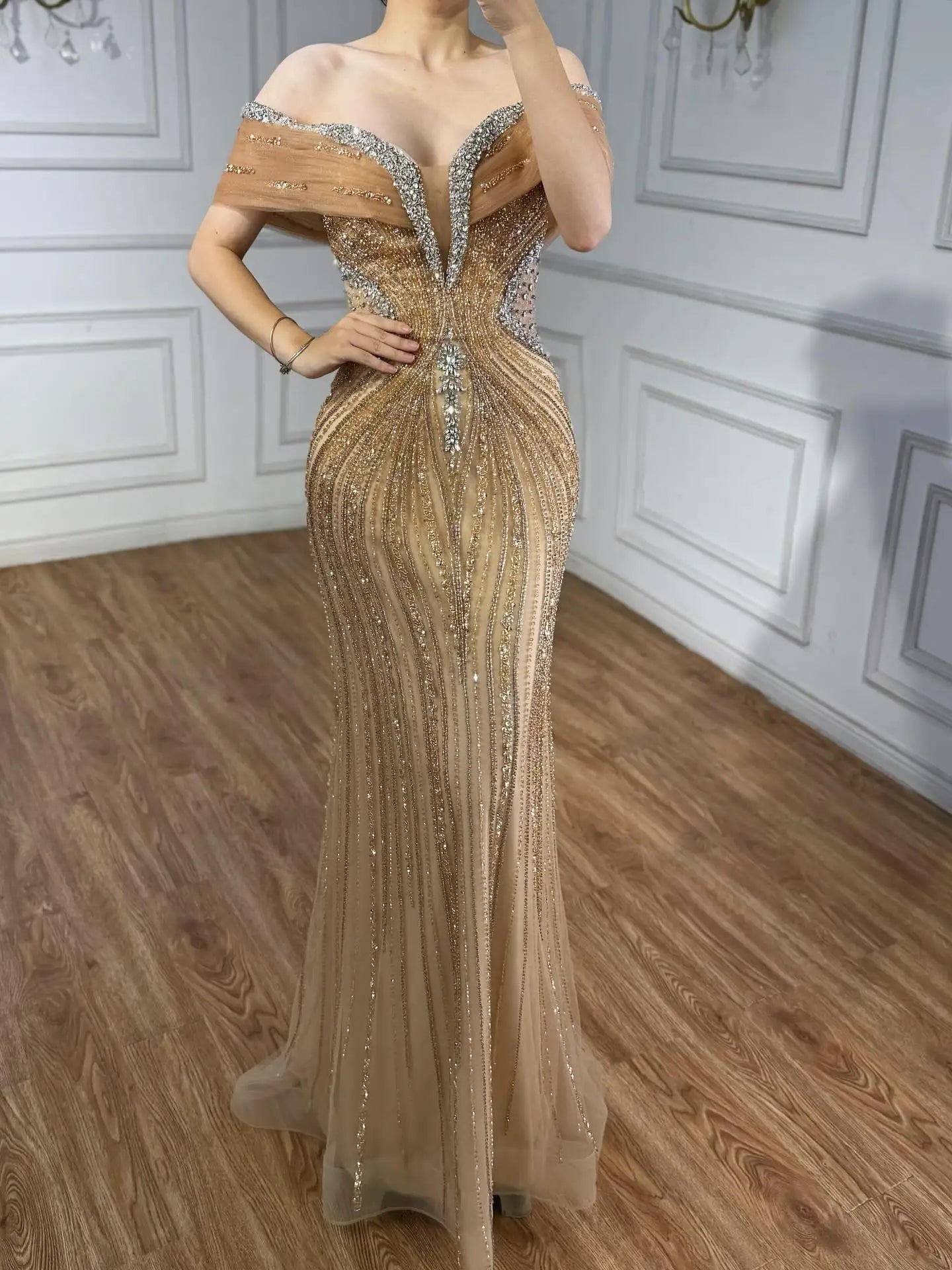Arabic Luxury Beaded Off Shoulder Mermaid Evening Dress CLA73142A