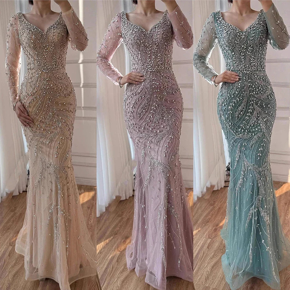 Luxury Muslim Nude Arabic Mermaid Beaded Evening Dress CLA73191