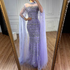 Arabic Luxury Beaded Mermaid Evening Dress Modest High Neck Cape Sleeves CLA72714A